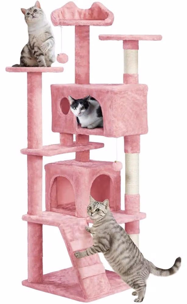 Yaheetech, albero per gatti alto 158 cm, robusto, con 2 rifugi, color rosa