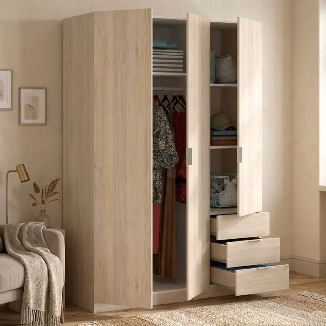 Armadio Astru per camera da letto con 3 ante battenti e 3 cassetti, Rovere, L: 121 cm, P: 52 cm, H: 184 cm