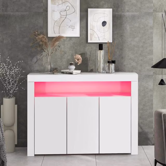 Credenza Mivray con illuminazione LED integrata, 3 ante e ripiani regolabili, finitura bianca lucida, L: 130 cm, P: 35 cm, H: 95 cm