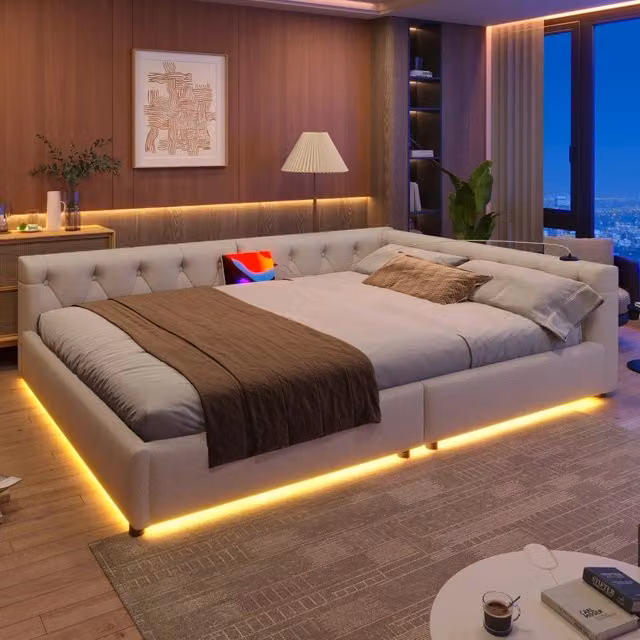 Letto divano con rete a doghe in lino beige 140x200 cm