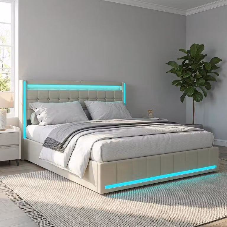 Letto contenitore 140x200 cm, letto con spazio contenitore, 4 cassetti, letto imbottito con LED e USB, struttura del letto matrimoniale con rete a doghe, letto per ragazzi, colore: lino, beige