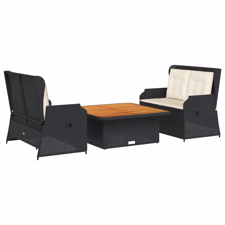 Set Divani da Giardino 3 pz con Cuscini Nero in Polyrattan