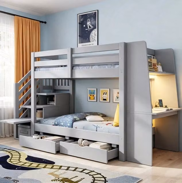 Letto a castello moderno per bambini in legno e materiali compositi grigio con scrivania, scala contenitore, cassetti, illuminazione LED e porta USB, L/P/H: 200 x 90 x 176,3 cm
