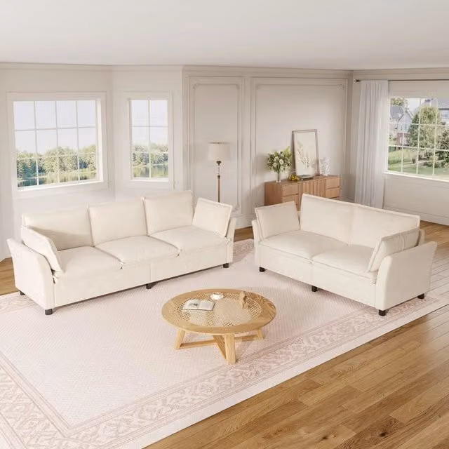 Set Divano Modulare 3 e 2 Posti ¨C Minimal ¨C Beige Tessuto Chenille Imbottito con Cuscini