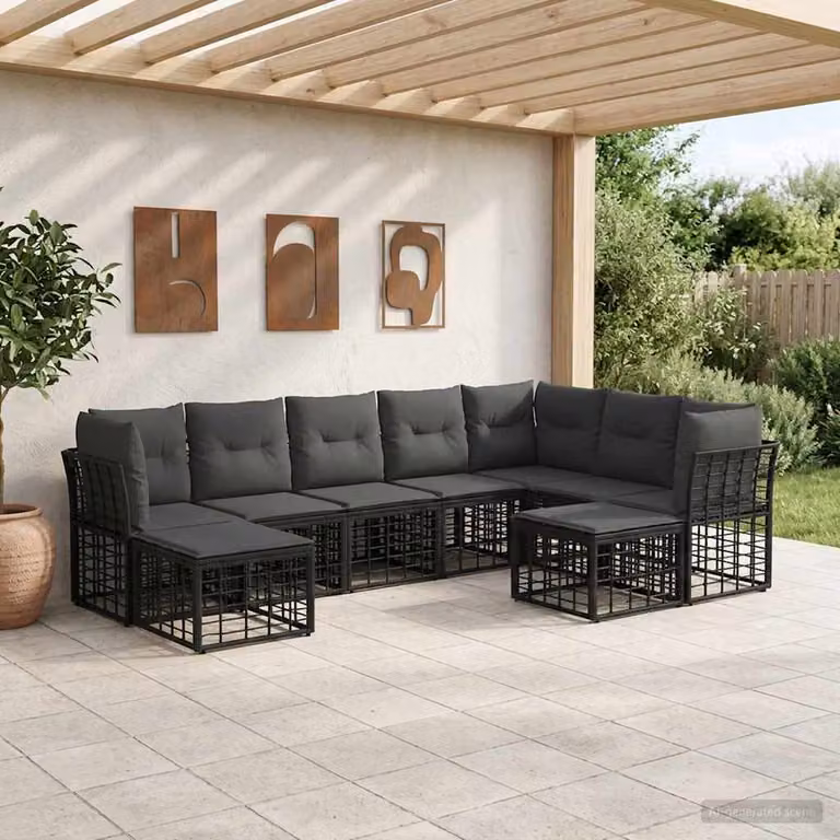 Set di divani da esterno a L vidaXL con pouf e cuscini, struttura in acciaio verniciato e tessuto nero e grigio