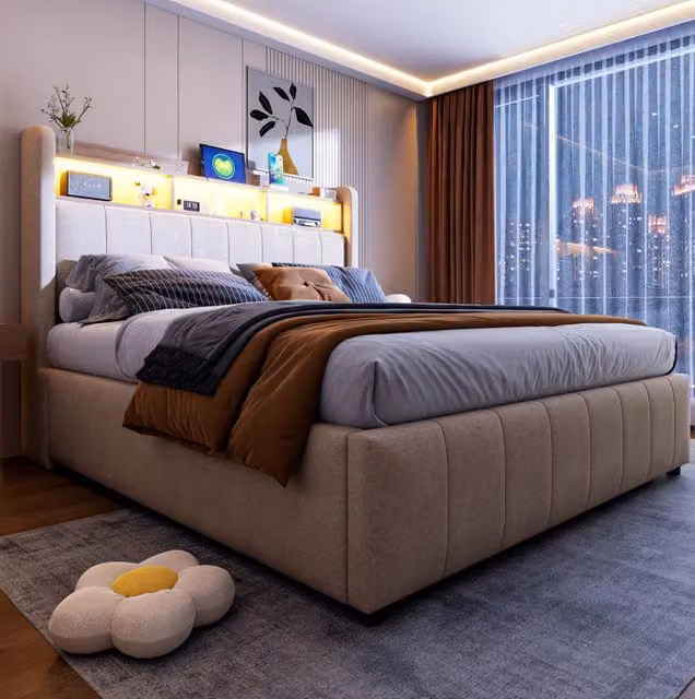 Letto imbottito 140x200 cm; LED e contenitore; lino beige