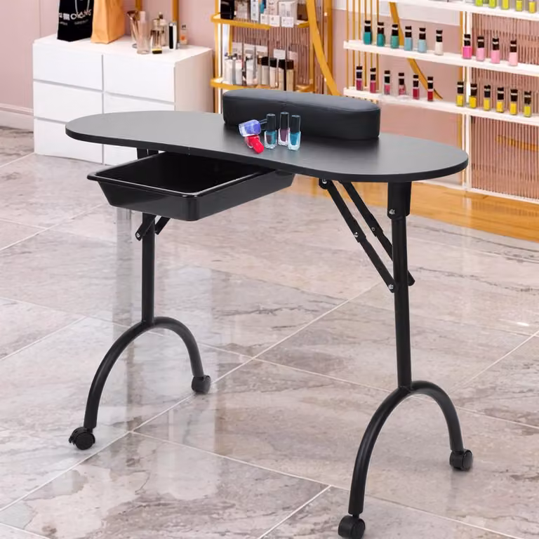 Tavolo pieghevole per manicure Ikodm, con cassetto, supporto per la mano e borsa da trasporto, colore nero