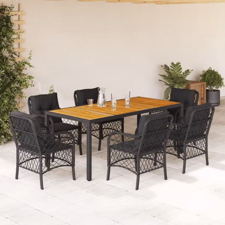 vidaXL Set da Pranzo da Giardino 7 pz in Polyrattan e Legno di Acacia Nero con Cuscini