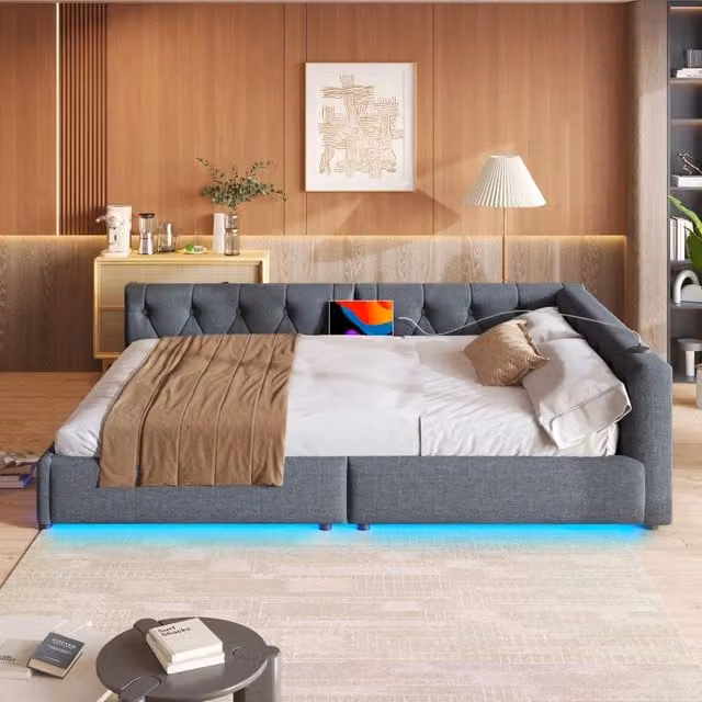 Struttura letto 140 × 200 cm con rete a doghe lino e MDF grigio con LED USB e porta Type-C