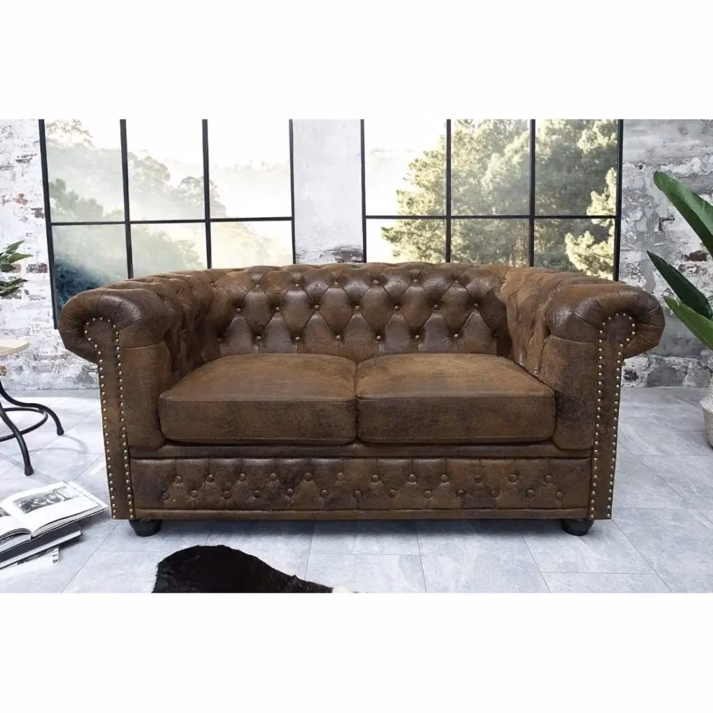 Divano dritto EDGAR Meublorama Marrone 2 posti in stile classico con struttura in legno e rivestimento in microfibra e similpelle – 2
