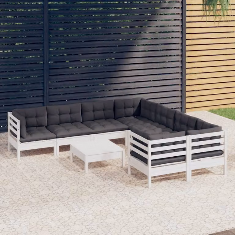 The Living Store Set da giardino 9 pezzi con cuscini in legno di pino bianco