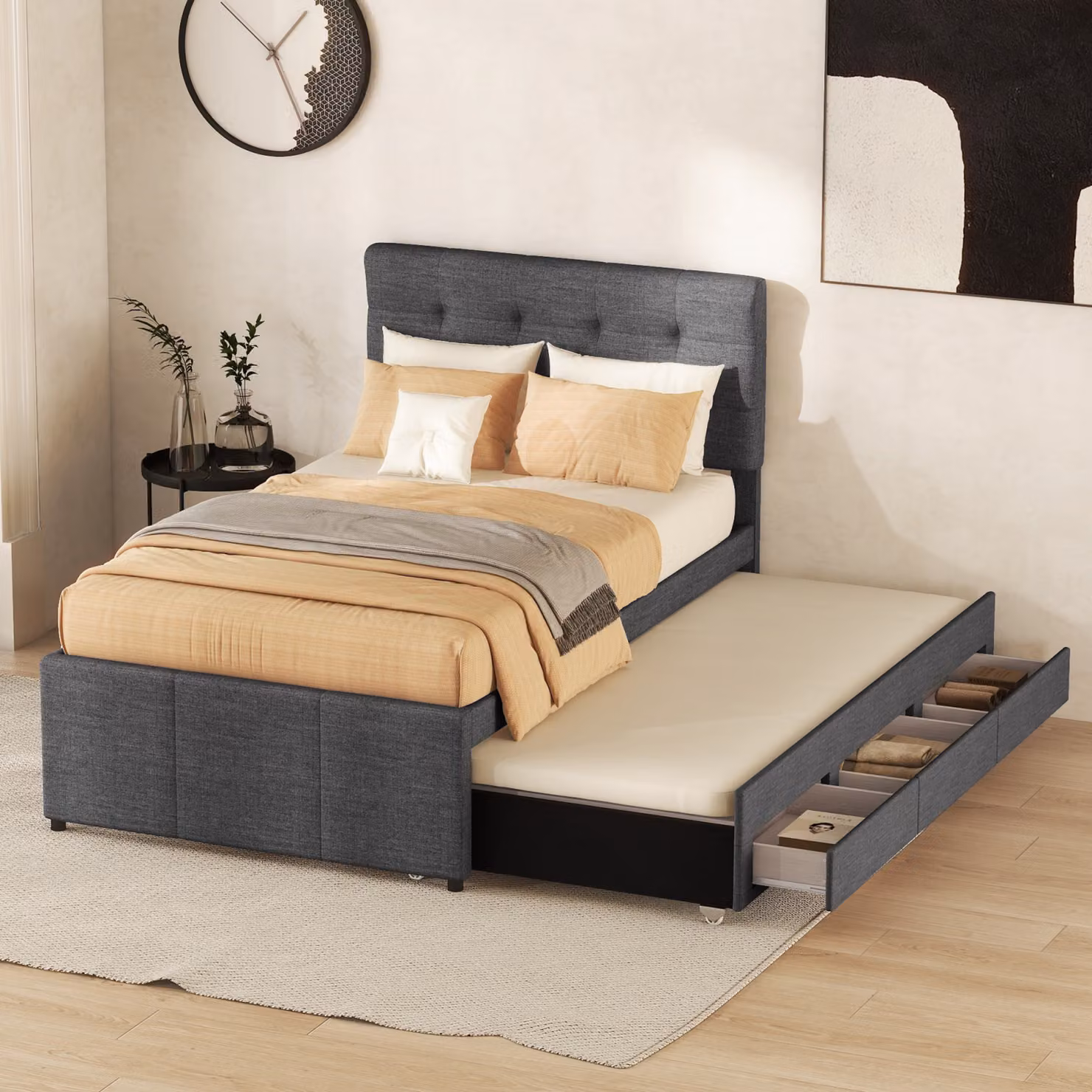 Letto imbottito Fortuna Lai 90x200cm(90x190cm) con 3 cassetti, rete matrimoniale con letto estraibile, letto familiare con rete a doghe e testata regolabile in altezza, materiale lino, senza materasso, grigio