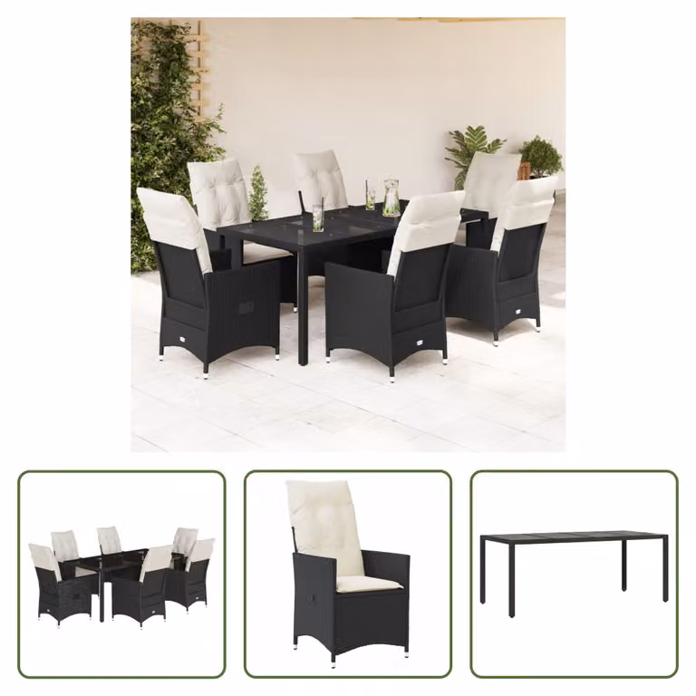 The Living Store Set da pranzo da giardino 7 pezzi con cuscini in polirattan nero