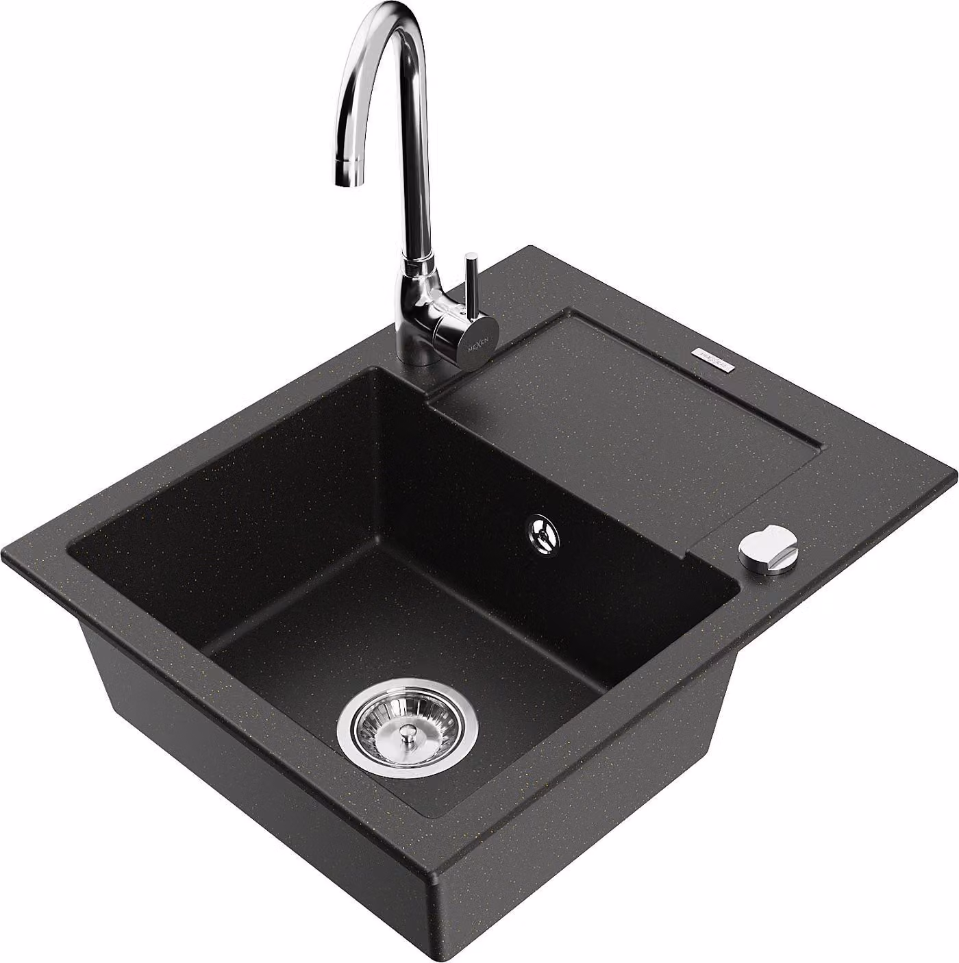 Mexen Enzo lavello in granito a 1 vasca con scolapiatti e rubinetto da cucina Telma, nero/oro - 6506-75-670200-00