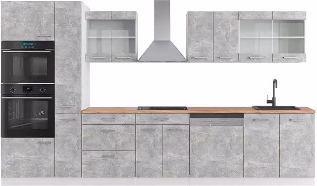 Mobile da cucina Vicco R-Line Calcestruzzo e Bianco con armadio alto e dettagli in Rovere L: 350 cm, P: 60 cm, H: 246,8 cm – 1