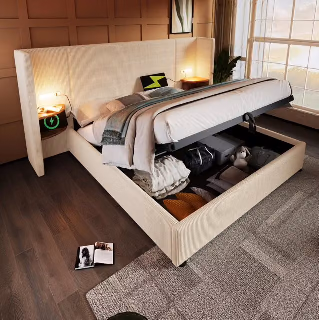 Letto contenitore ULEVR 160x200 cm beige e bianco con testiera, luce da lettura, USB e Type-C