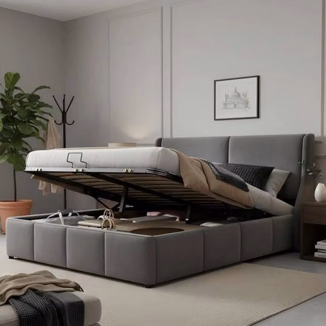 Letto matrimoniale imbottito ULEVR 140x200 cm con contenitore idraulico e rete a doghe, velluto grigio