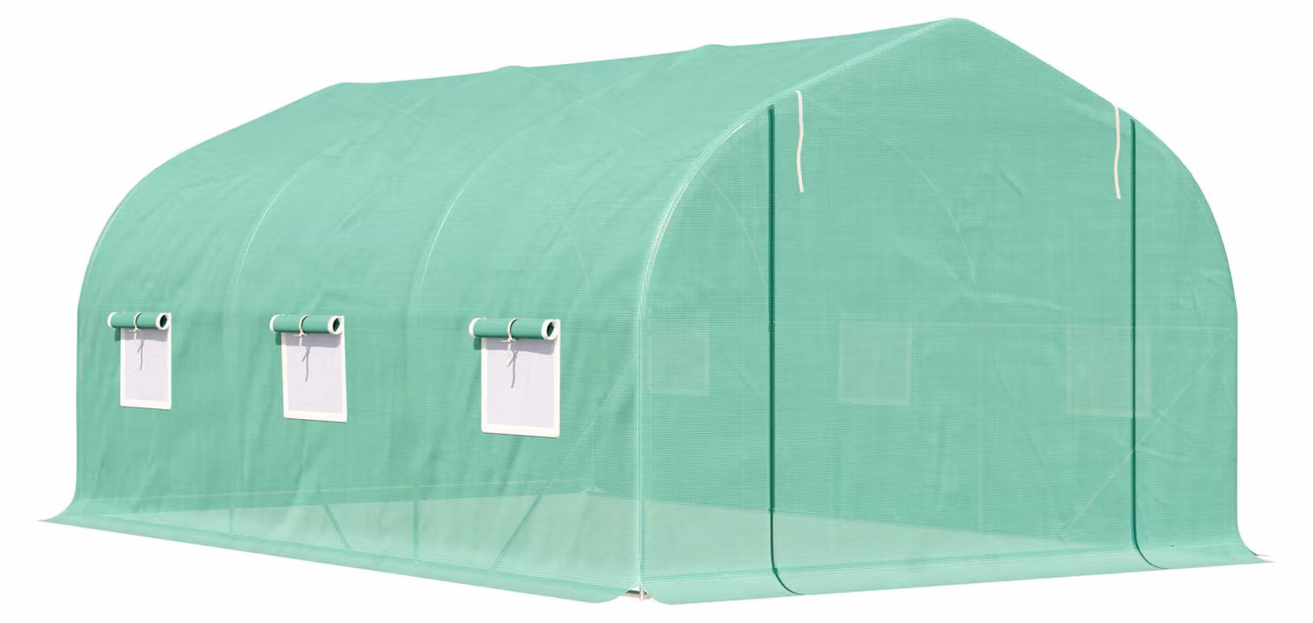 Serra a fogliame Moonbite, dimensioni 450 x 300 x 205 cm, tetto a falde, telo in polietilene resistente ai raggi UV, struttura in acciaio zincato, adatta per l'uso tutto l'anno, materiale: polietilene, colore: verde