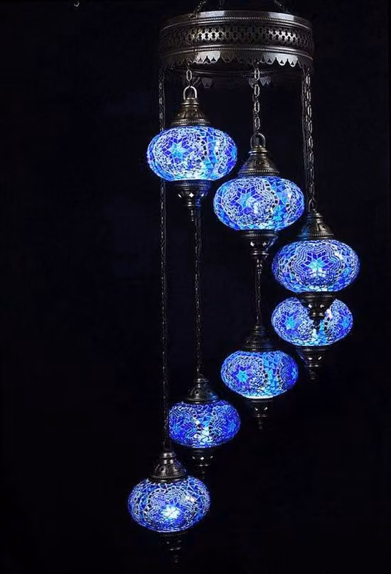 Lampada a sospensione turca a 7 sfere in vetro mosaico blu – lampada da soffitto orientale con 7 sfere in vetro mosaico