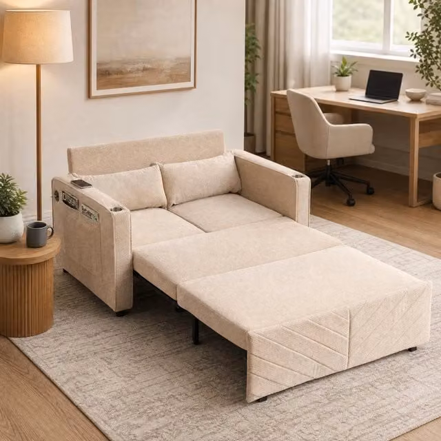 Divano letto 2 posti beige in legno e tessuto; con porte USB
