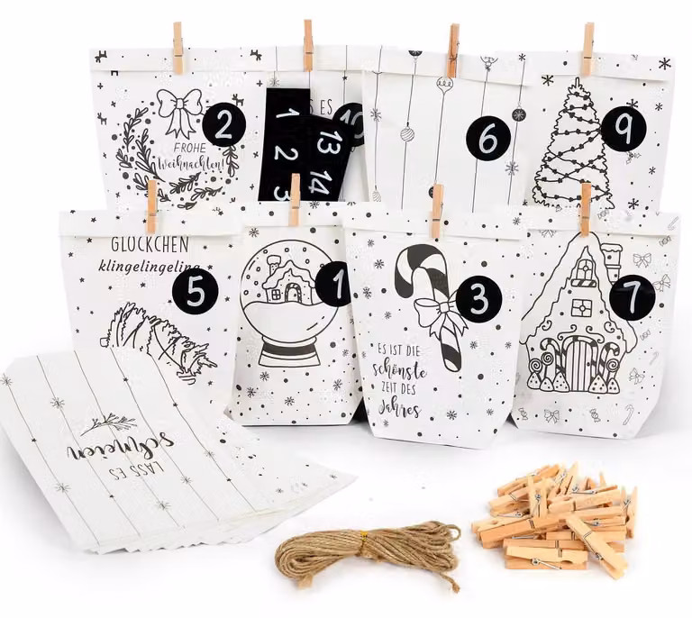 Calendario dell'Avvento da riempire, set con 8 design, corda di iuta e mollette di legno, colore bianco