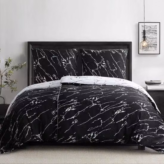 Set di 4 coperte in microfibra con motivo grafico marmo nero, comprensivo di 2 cuscini con fodera e lenzuolo con angoli elastici, lavabile in lavatrice, L/P/H: 135 x 200 cm