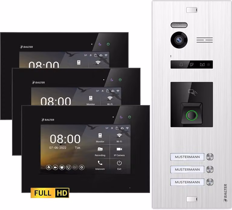 Videocitofono Balter EVO HD con impronta digitale e RFID per casa trifamiliare, 3x monitor