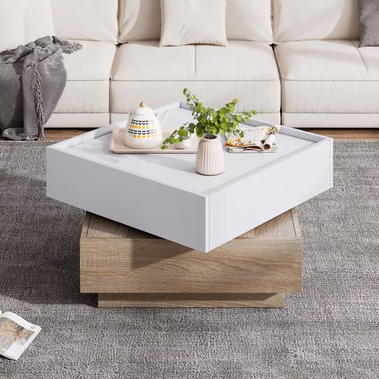 Tavolino da salotto, dimensioni 60x60x38 cm, realizzato in pannello di particelle al 100%, colore bianco e noce, girevole a 360°, dotato di 2 cassetti e 2 ripiani