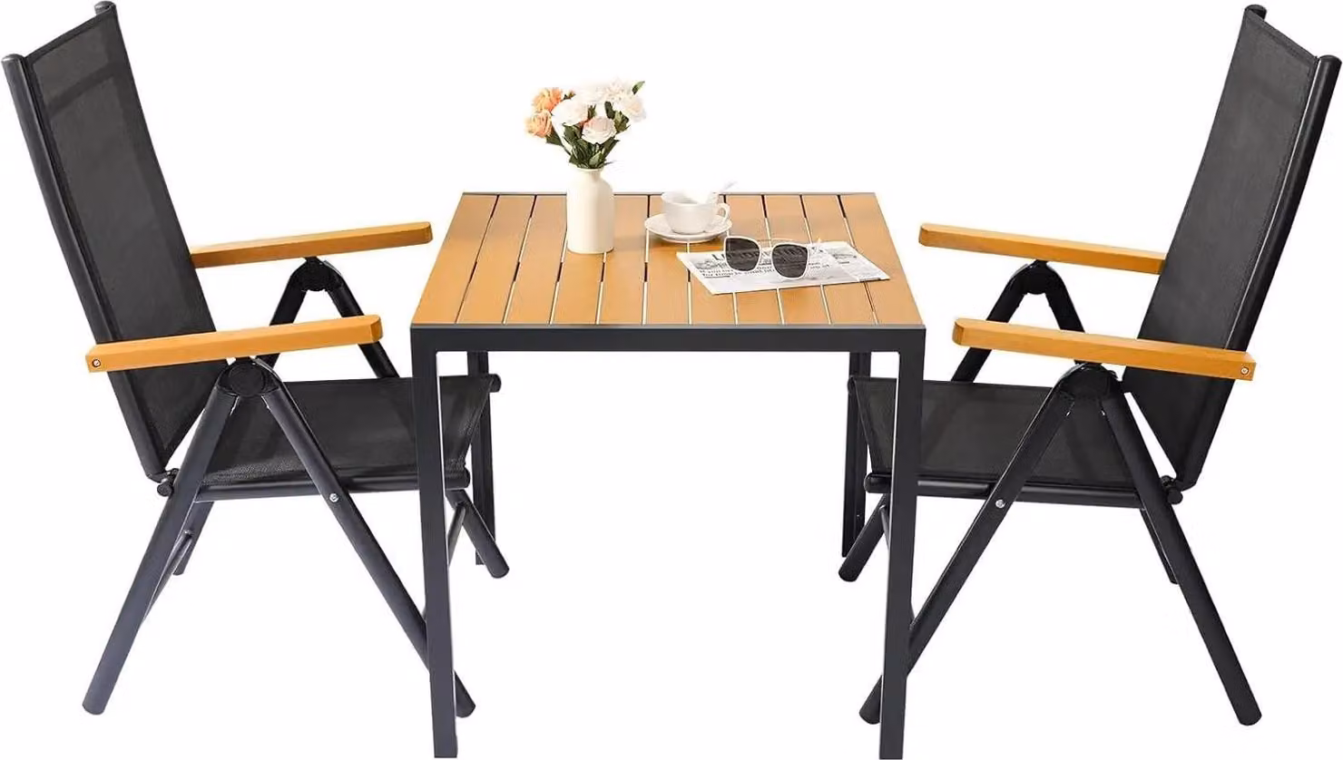 Set di mobili da giardino in 3 pezzi - Set da balcone con tavolo e 2 sedie pieghevoli - Struttura in alluminio - Tavolo quadrato in WPC effetto legno - Schienale alto regolabile - Nero