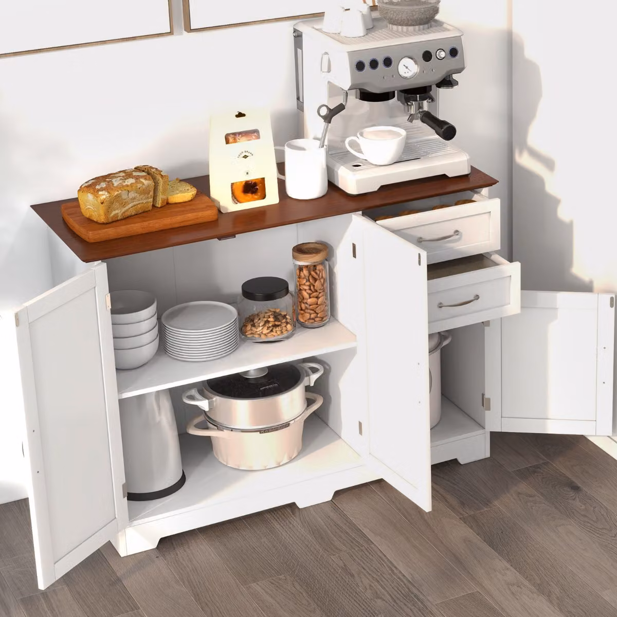 Costway Credenza Buffet Moderna con 2 Ante e 2 Cassetti per Cucina e Sala da Pranzo, Bianco o Marrone, L/P/H: 100 x 40 x 78 cm – 3