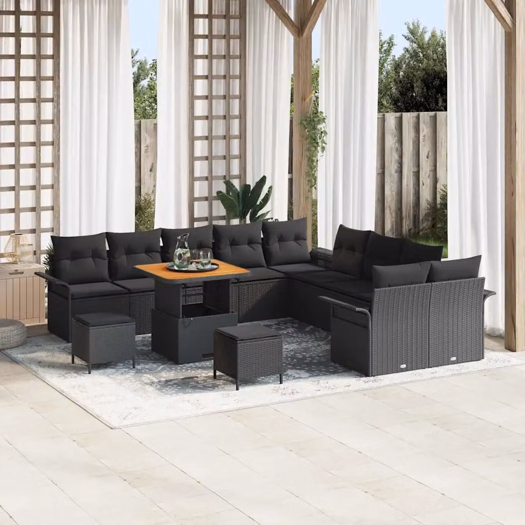Set Divano da Giardino vidaXL a forma a U composto da 13 pezzi con cuscini e tavolino, colore Nero – 1