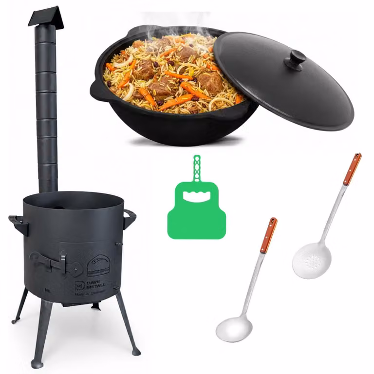 Ø36 cm Uchag, acciaio da 2 mm con tubo di scarico, 12 L, Kasan in ghisa, focolare Kazan, Utschak, Utschag, cucina da campo, fornello da campeggio, cucina da esterno, fornello per stufati con mestolo, mestolo da minestra, griglia