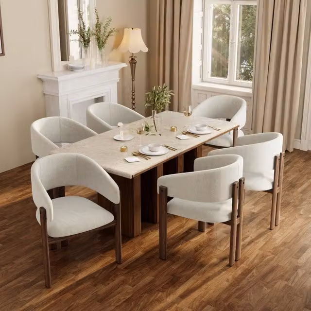 Set di 6 sedie da pranzo OKWISH con braccioli ergonomici, struttura in metallo effetto noce e rivestimento in tessuto lino beige, L: 61,5 cm, P: 52,5 cm, H: 83 cm