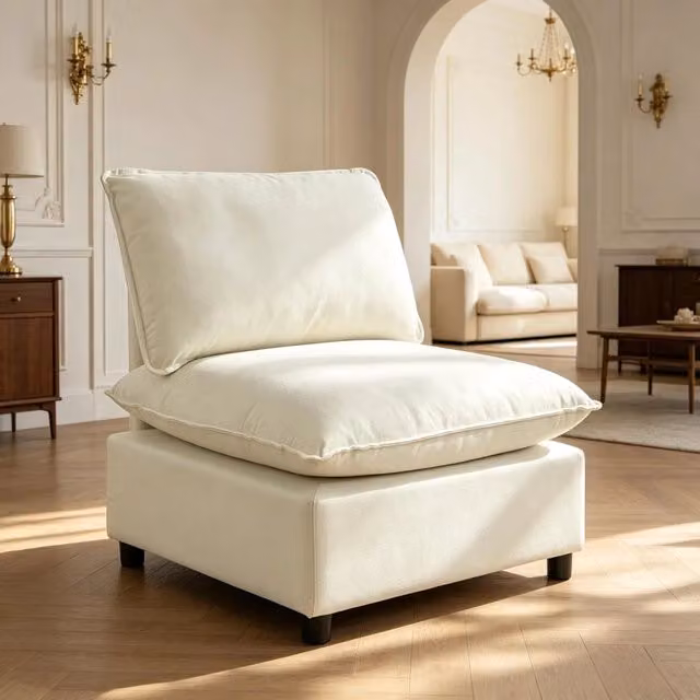 Divano singolo REDOM in lino beige e bianco, L: 74 cm, P: 85 cm, H: 78 cm – 1
