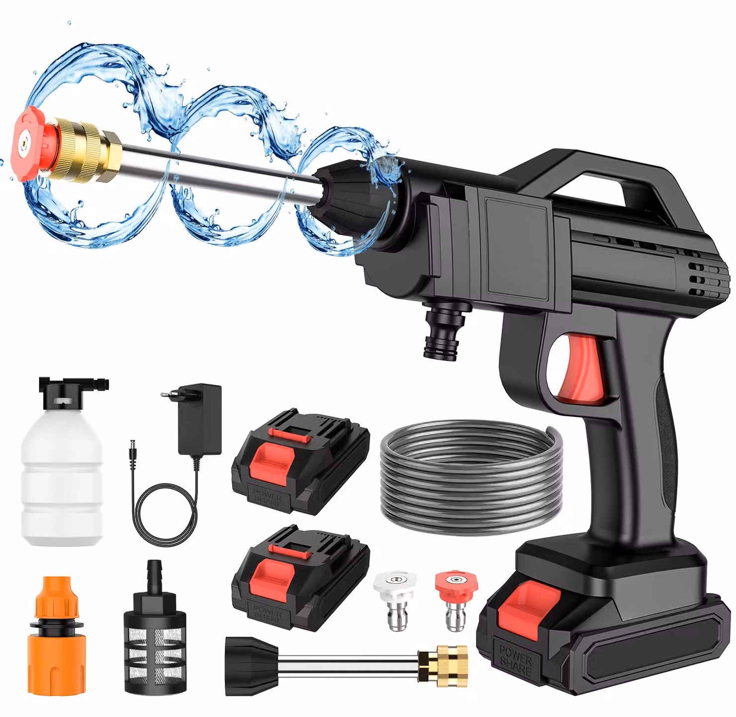 Idropulitrice ad alta pressione, modello 3, senza fili, 50 bar, con 2 batterie. Ideale per auto, finestre e mobili