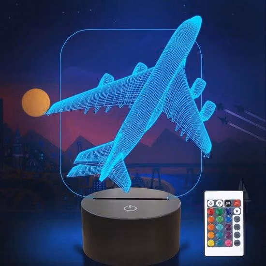 Lampada da comodino tridimensionale a forma di aereo per bambini - 16 colori, intensità regolabile tramite telecomando - Ideale per bambini e bambine