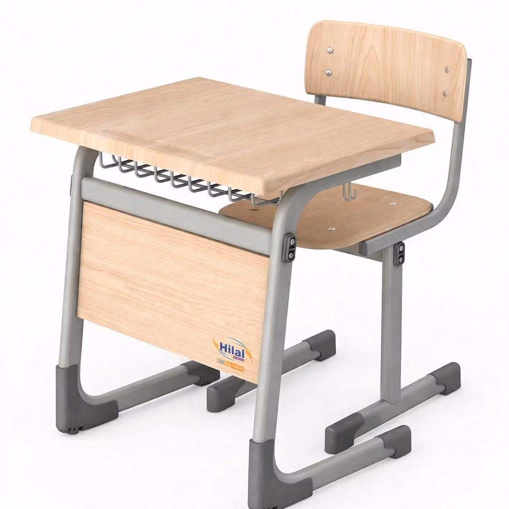 Set di mobili scolastici: panca scolastica con sedia, effetto legno, struttura in metallo robusta