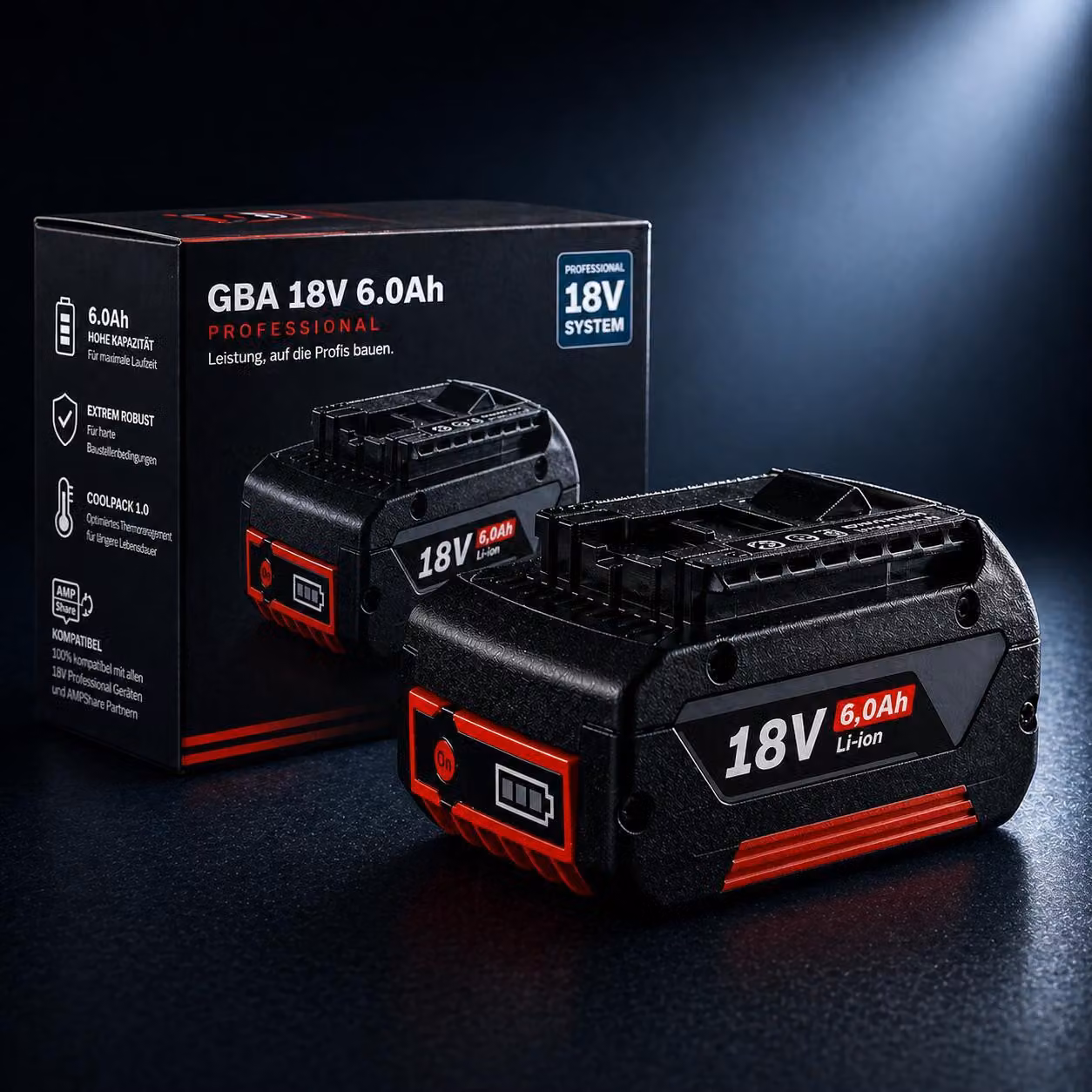 Batteria da 6,0 Ah per sistemi a 18 V, compatibile con Bosch Professional – Batteria di ricambio agli ioni di litio con indicatore LED e lunga autonomia