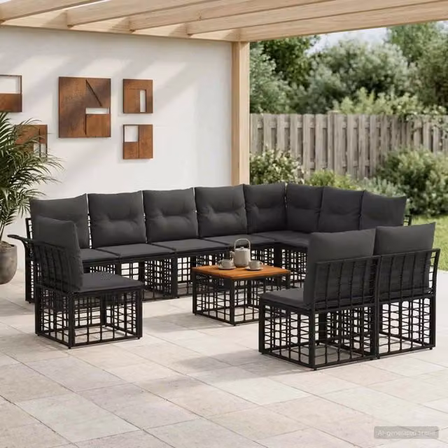 Set di divani da esterno 11 pz Nero e Grigio scuro Poliestere 3437709