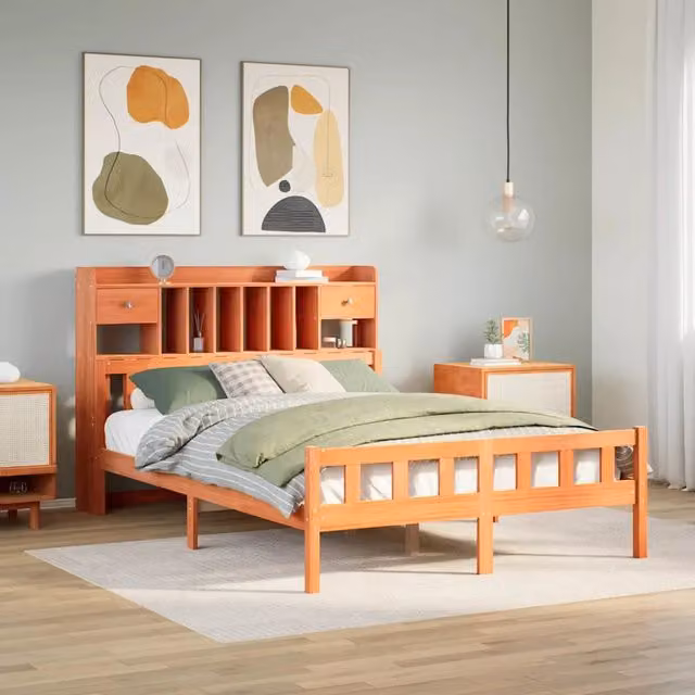 Letto Libreria senza Materasso Marrone Cera 150x200 cm in Pino 3322191