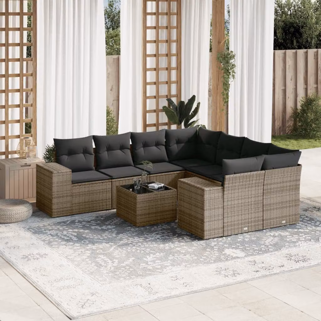 vidaXL Set Divano da Giardino a L 9 pz in Polyrattan Grigio con Cuscini e Tavolino – 1