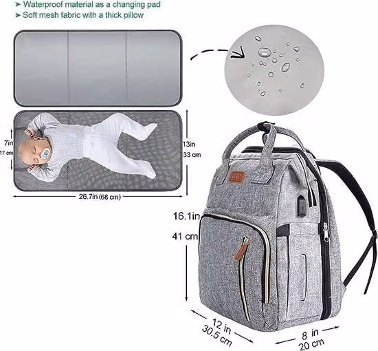 Borsa cambio per neonati con grande capacità e materassino portatile, grigio