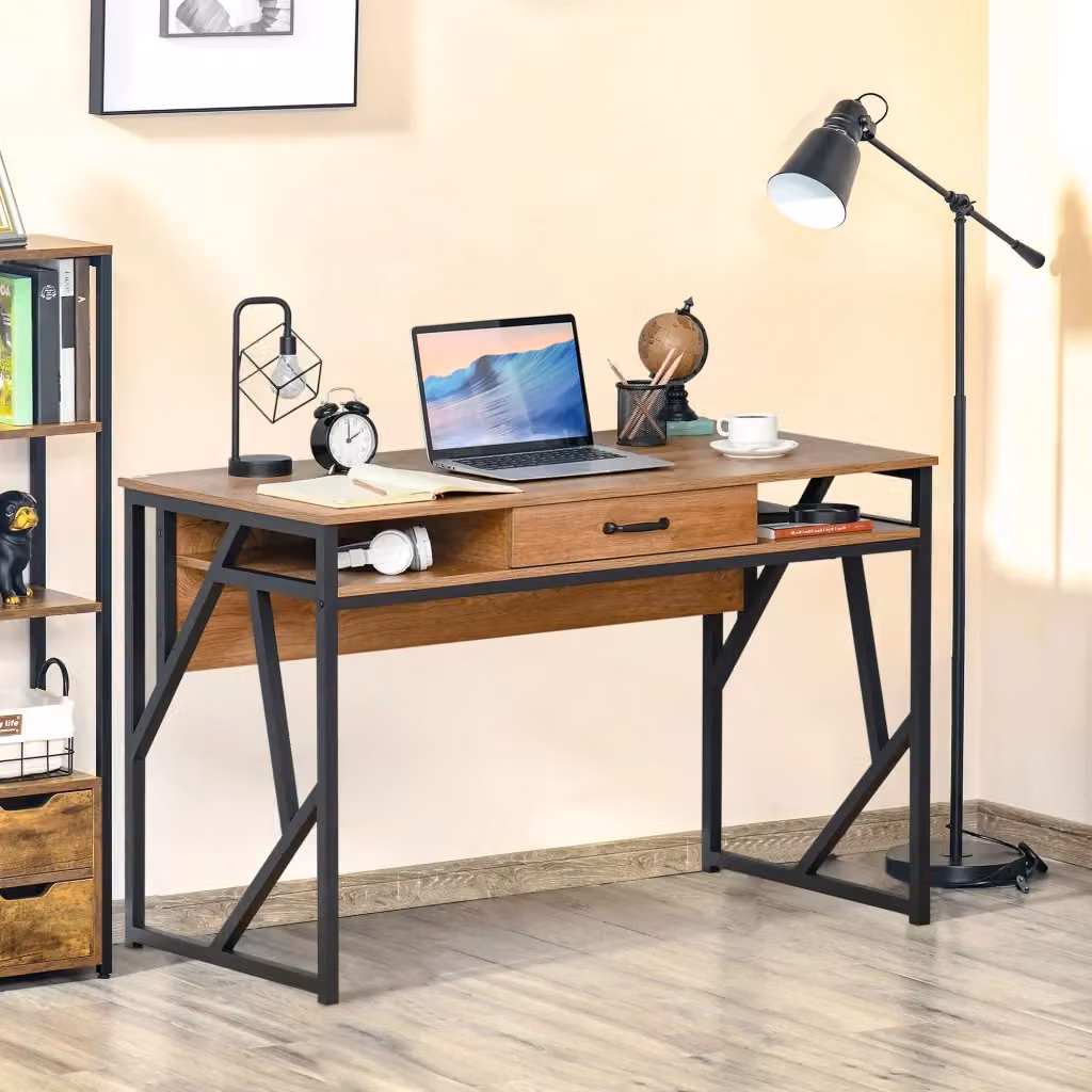 EasyComfort Scrivania Moderna in Stile Industriale con Mensole e Cassetto, Metallo e MDF, L/P/H: 120 x 50 x 76 cm, Nero e Marrone – 2