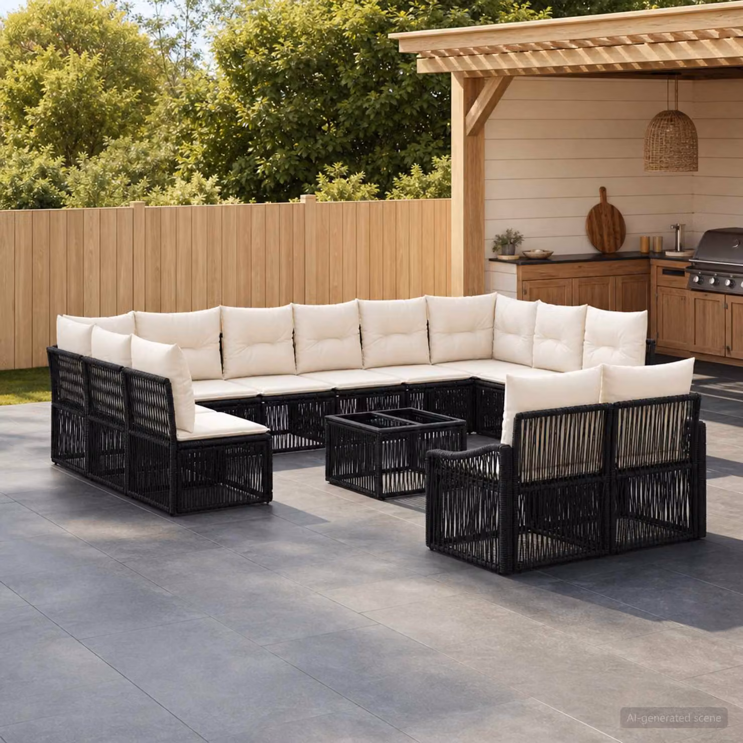 Set Divano da Giardino vidaXL a forma a U in Polyrattan Nero con Cuscini e Tavolino