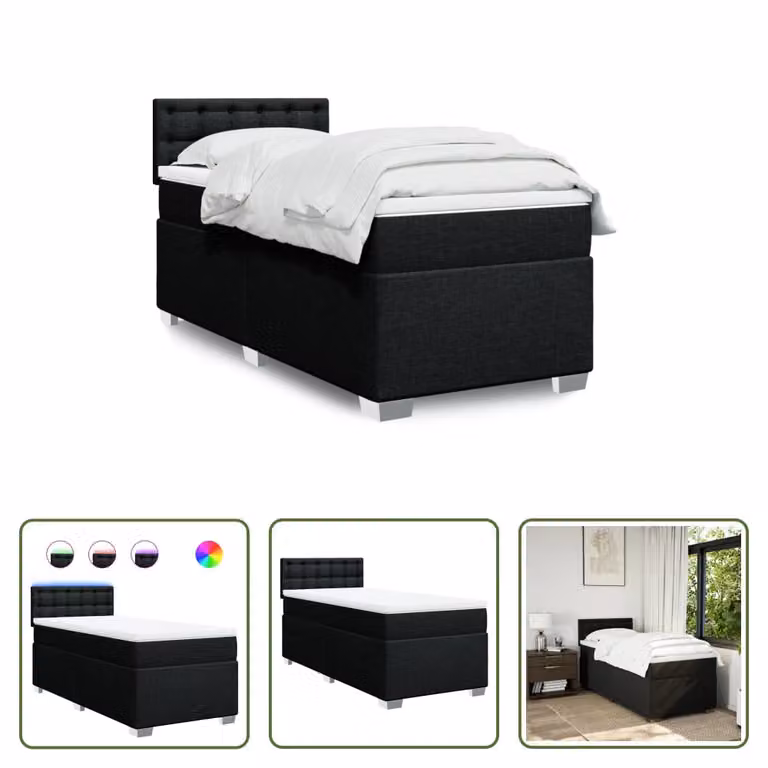 The Living Store Letto a molle con materasso nero 100x200 cm in tessuto