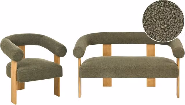 Set da salotto divano a 2 posti poltrona imbottita bouclé verde e marrone chiaro stile retrò soggiorno