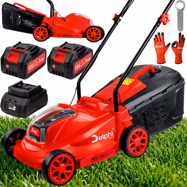 Delphi Tools - Tosaerba - Tosaerba a batteria - Tosaerba brushless - Tosaerba da 32 cm - 18 V 4,0 Ah - Cesto di raccolta da 30 L