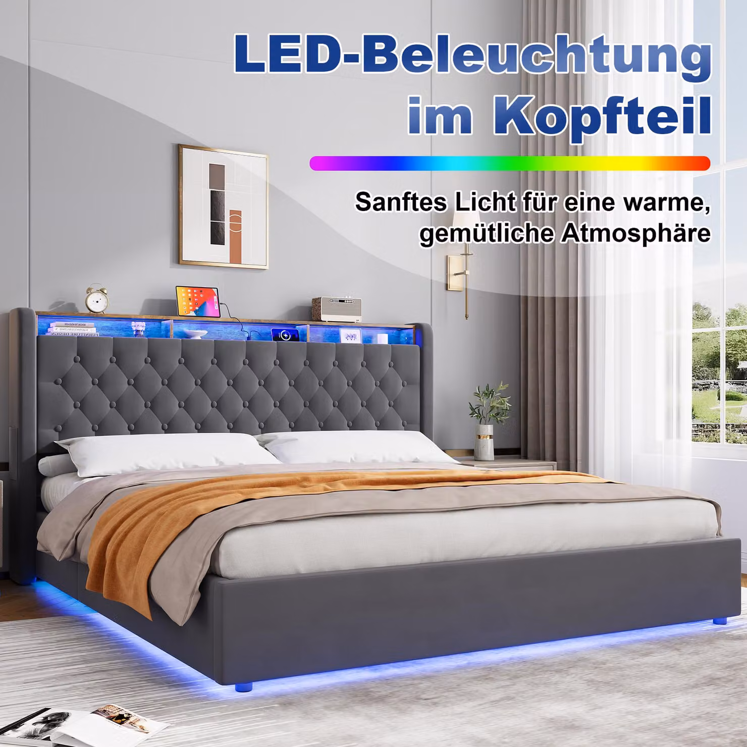 okwish Letto imbottito 180×200 con contenitore e testiera con vano portaoggetti, letto per ragazzi con illuminazione a LED, letto matrimoniale in grigio scuro, materasso escluso