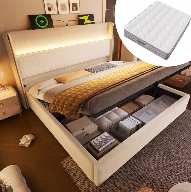 Letto matrimoniale 160x200 cm con contenitore idraulico; LED; USB/Type-C e materasso; beige