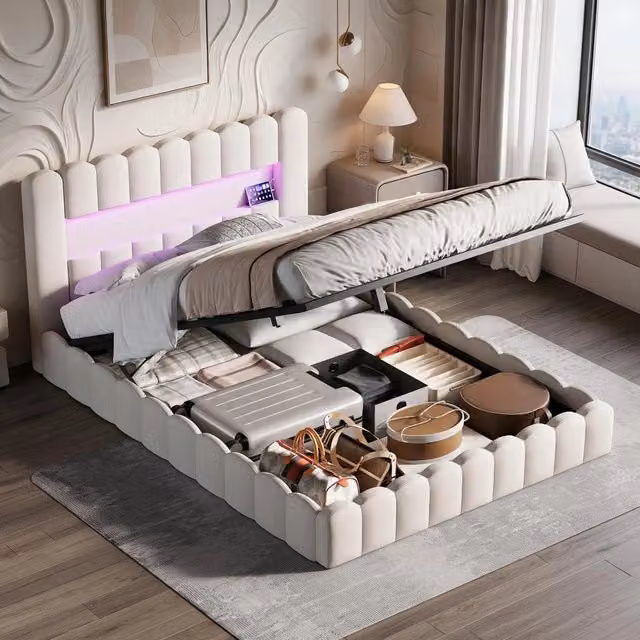 Letto matrimoniale 140x200 cm con contenitore idraulico LED USB testiera imbottita rete a doghe in lino - beige